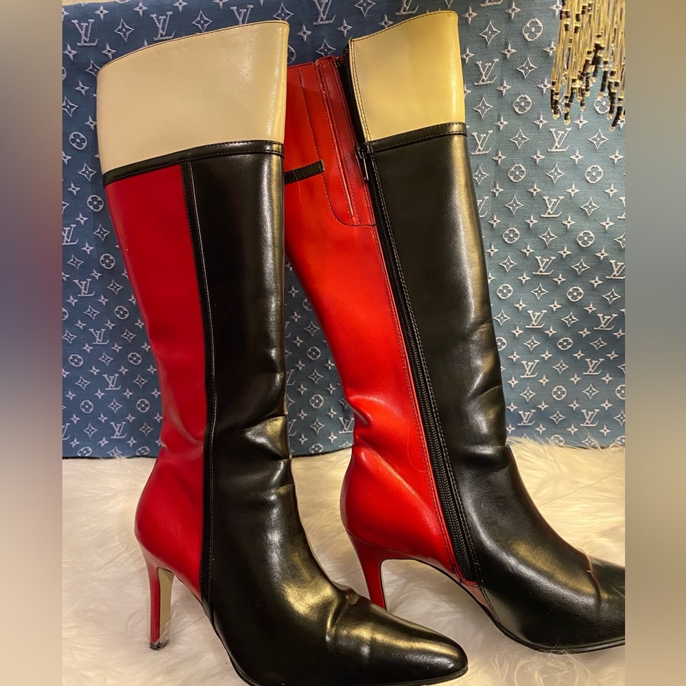 Kate Spade INSPIRED stiletto boots. 
Red/Black/Tan NEW